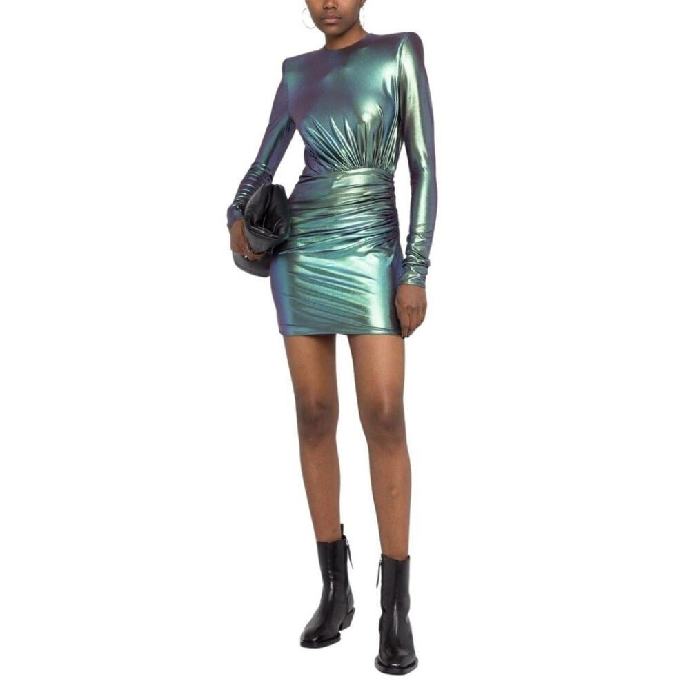 Alexandre Vauthier Iridescent Mini Ruched Dress Party Cocktail Edgy Green 36/6
